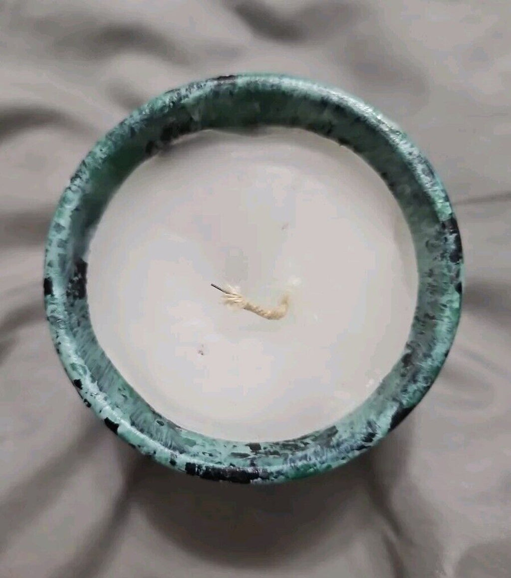 Cute Artistic Decor Candle In Green & Black Wash Clay Pot 3in X 3in