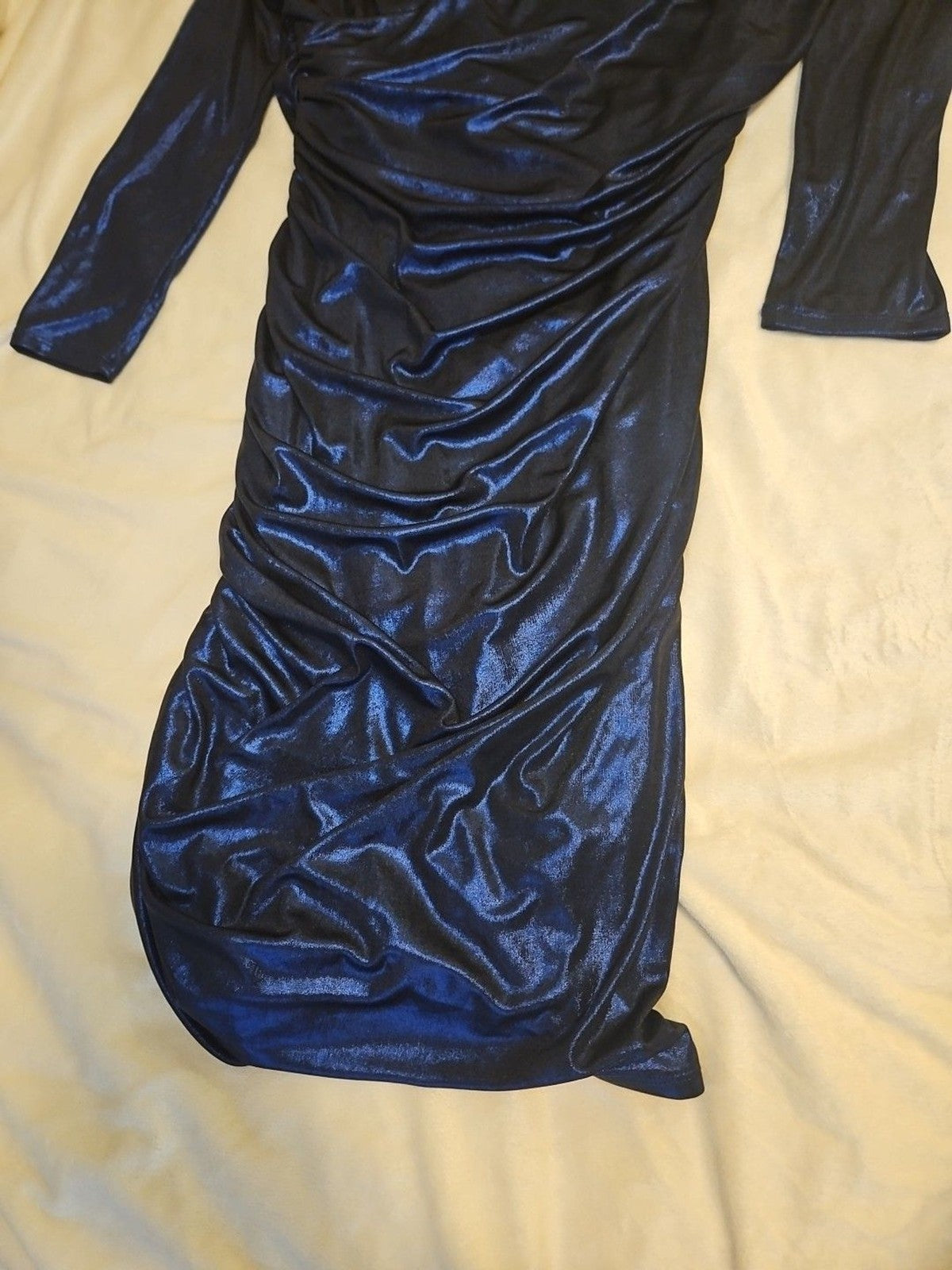 Express Women's Metallic Blue Dress Sz L Criss Cross Neckline Rouched Skirt