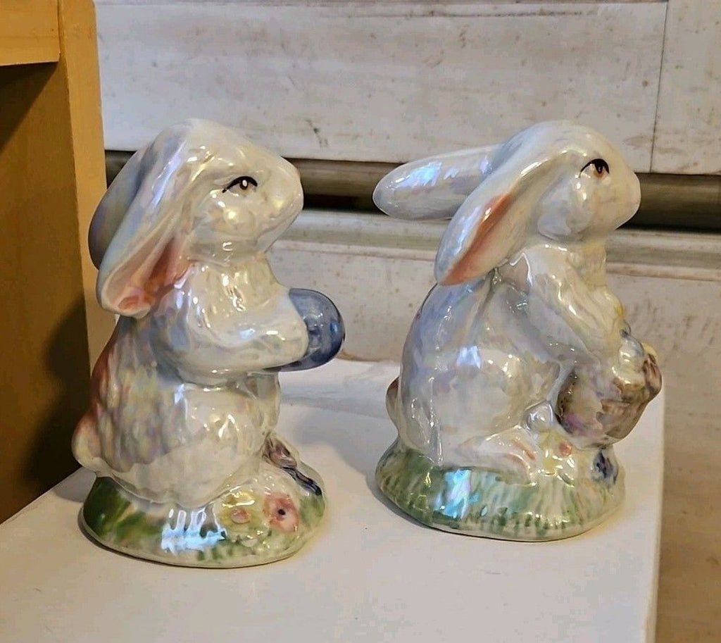 Set Of 2 Iridescent Easter Bunny Ceramic Figurines, Beautiful!