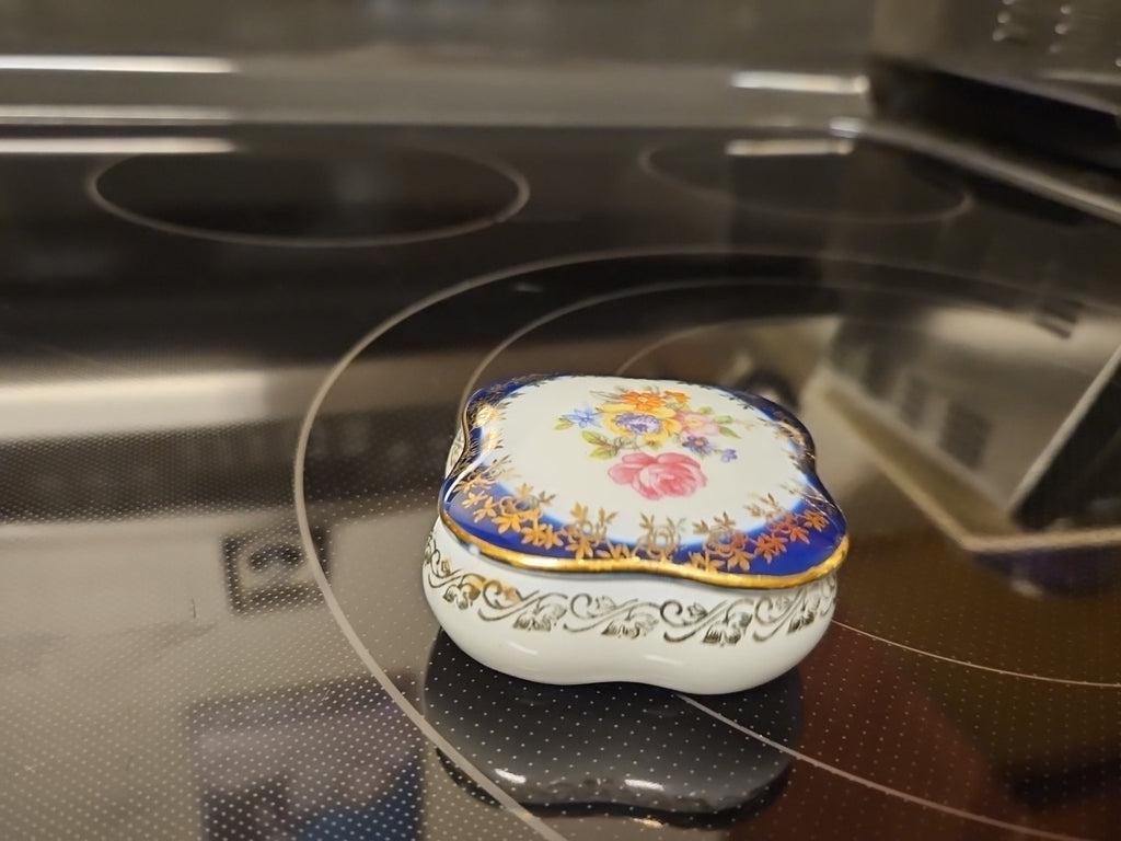 Hand Painted Porcelain Cobalt Blue German Floral Trinket Box Gold Detail