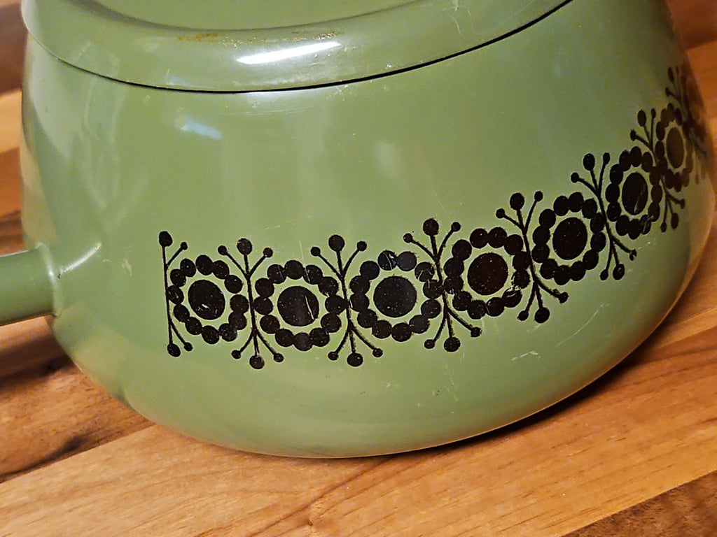 Vintage Green Enamel Fondue Pot Saucepan Floral MCM Boho Wood Handle 1970s