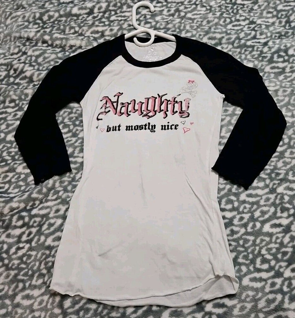Goth Naughty But Mostly Nice W Silver Skull 3/4 Sleeve Color Block Shirt M