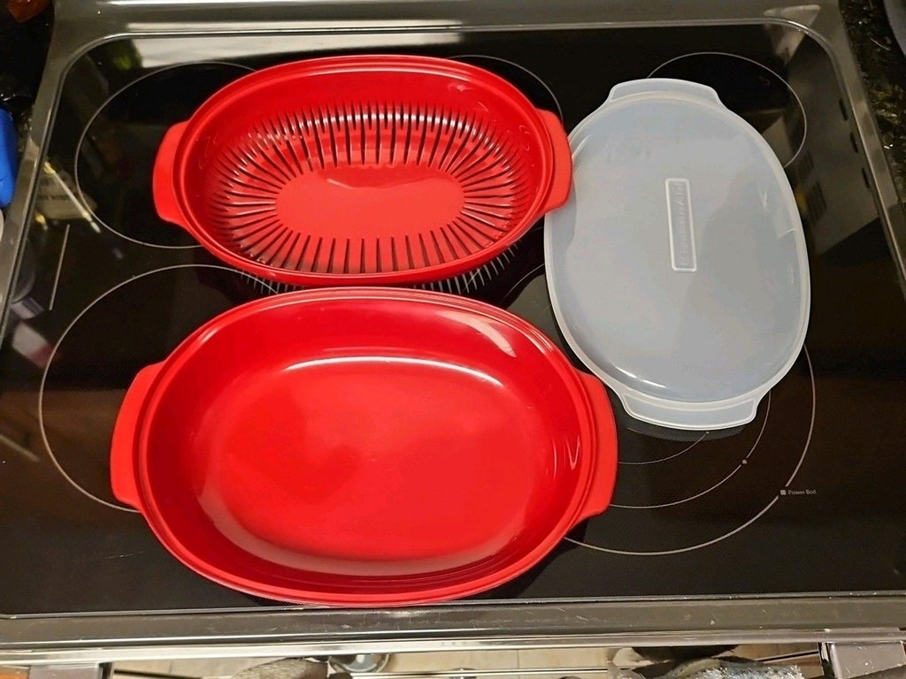 Kitchen Aid Red 9" x 13" Microwave Veggie Food Steamer 3 piece set