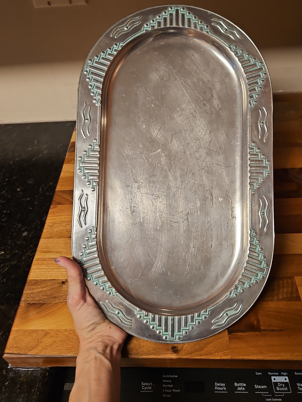 Vintage Wilton Armetale Zia Turquoise Southwestern Oval Serving Platter  18.5"
