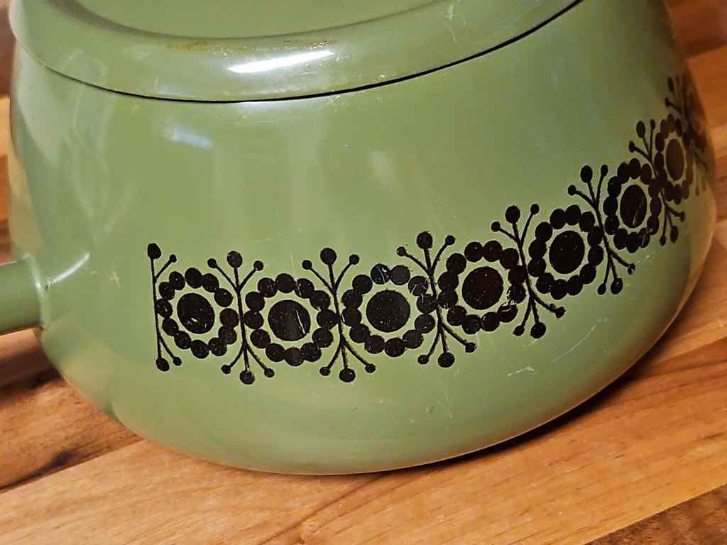 Vintage Green Enamel Fondue Pot Saucepan Floral MCM Boho Wood Handle 1970s