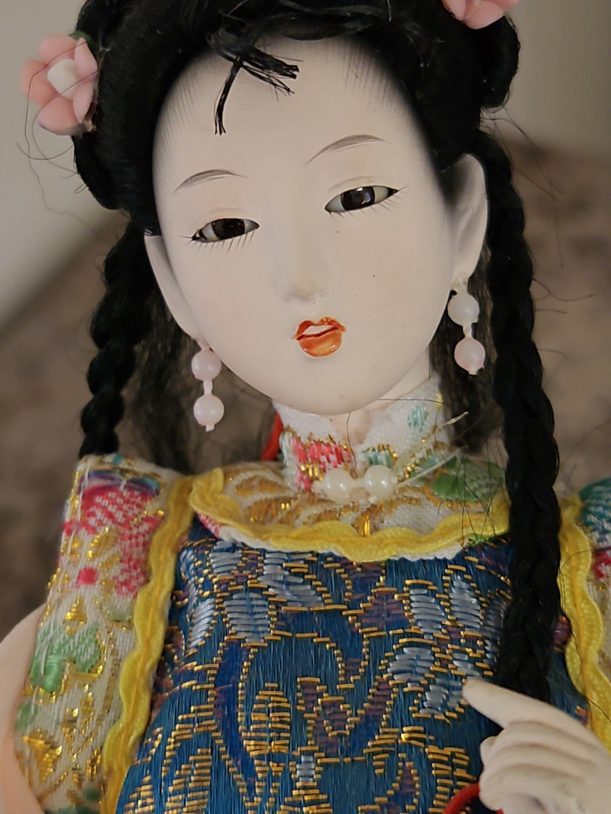 Vintage Chinese Heritage Doll Collector's Doll 10" Peach Embroidered Dress