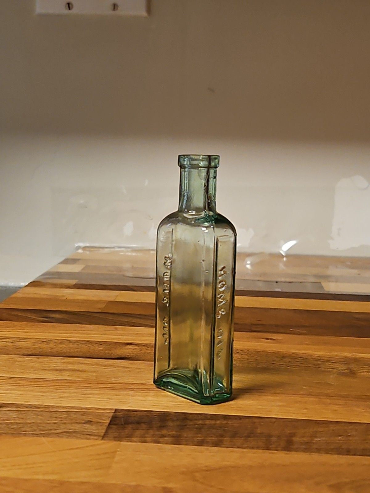 Antique 1890's Clear Blown Glass Home Oil Bottle Green Tint Sample Size 4.25"