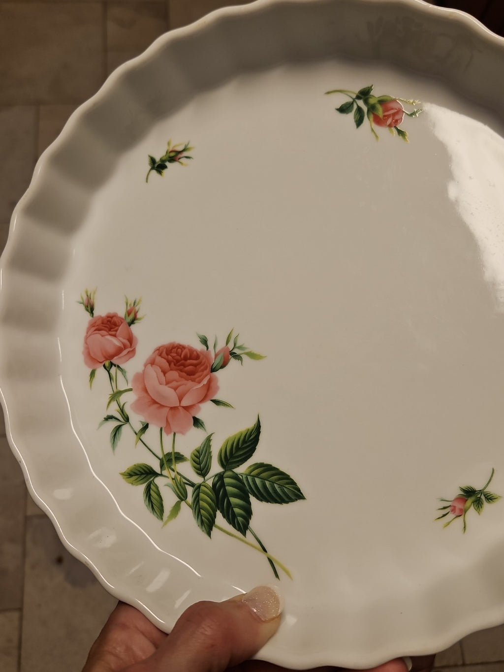 Vintage Christineholm Porcelain Rose Pie/Quiche Baking Dish w/ Scalloped edges
