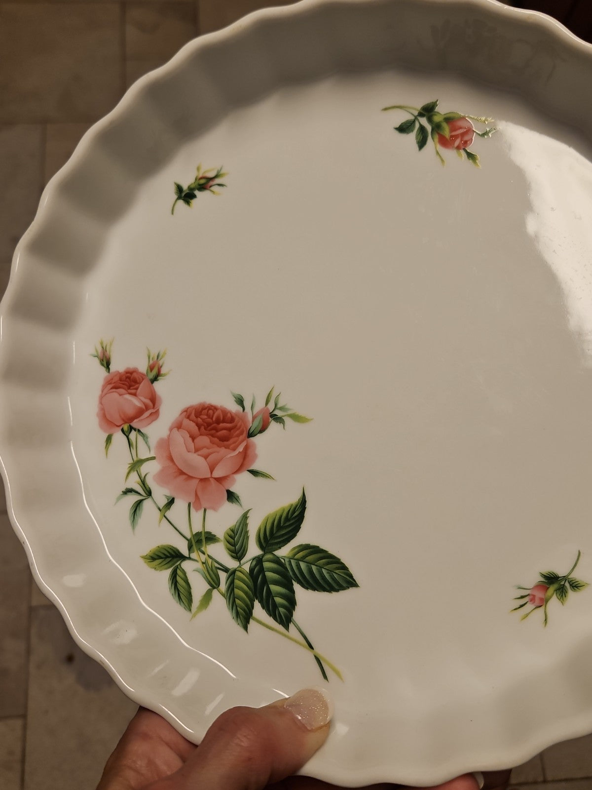 Vintage Christineholm Porcelain Rose Pie/Quiche Baking Dish w/ Scalloped edges