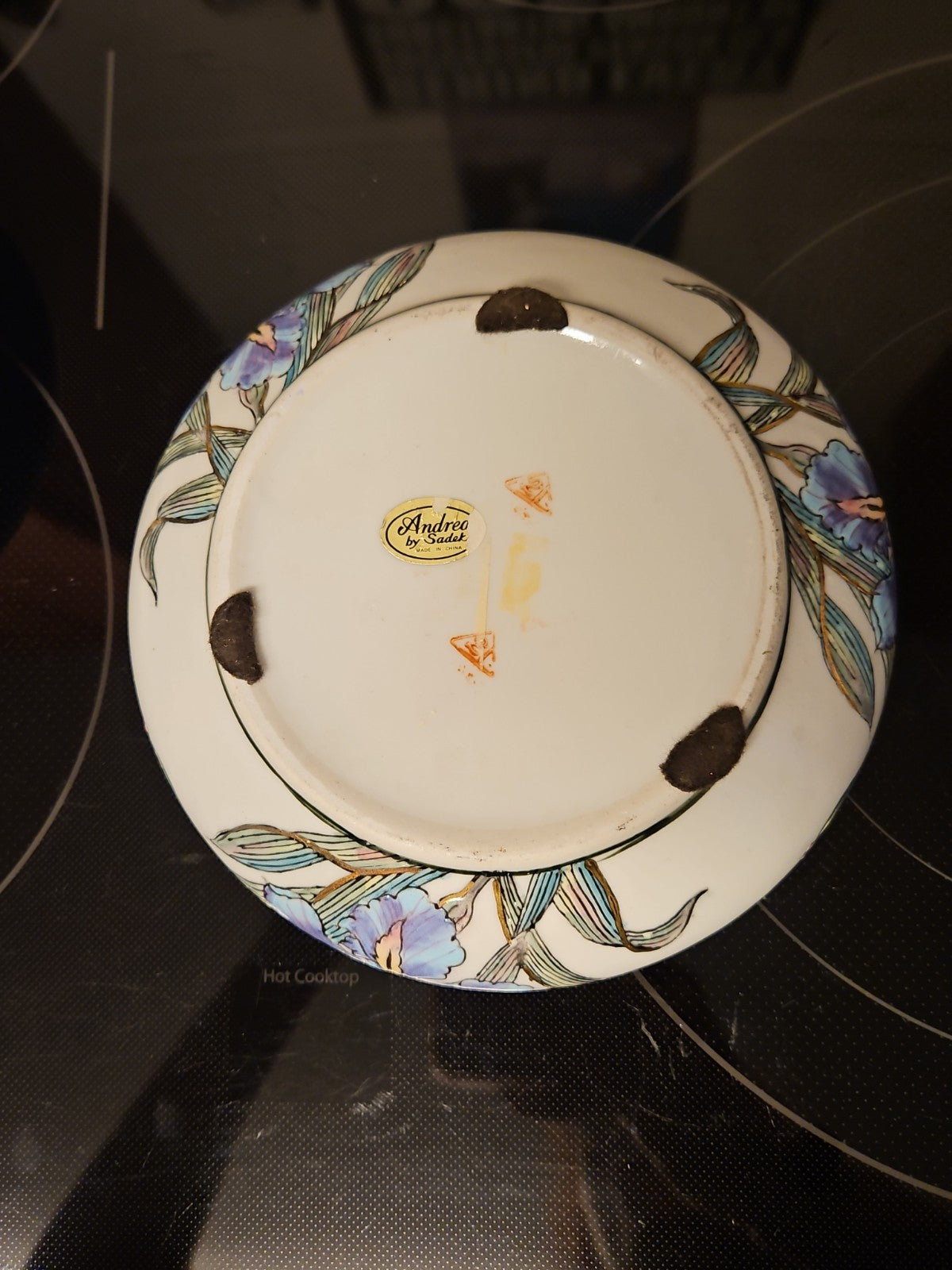 Vintage Andrea by Sadek 7" Round Trinket Box Iris & Butterflies W Gold Detail