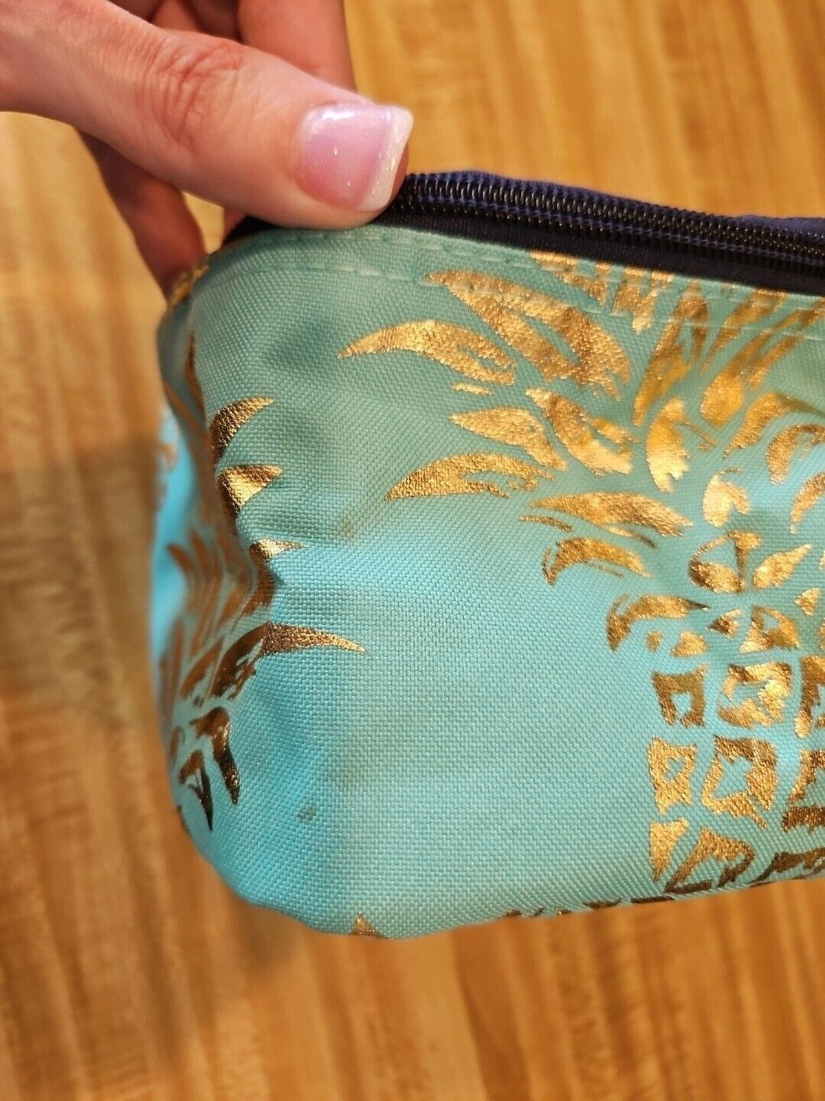 Cosmetic Case Canvas NGIL Teal with gold Pineapples, Navy Accents, Never Used
