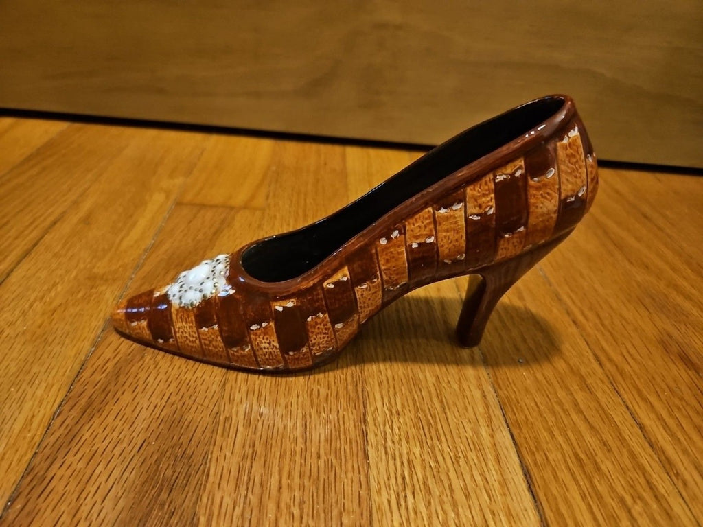Vintage Two Tone Brown Porcelain Patchwork Women's High Heel Shoe Jewelry Holder
