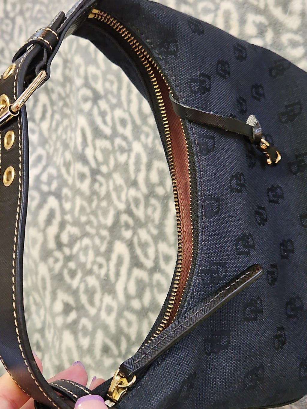 Vintage Dooney & Bourke Black Signature Monogram DB Canvas Mini Hobo Bag Purse
