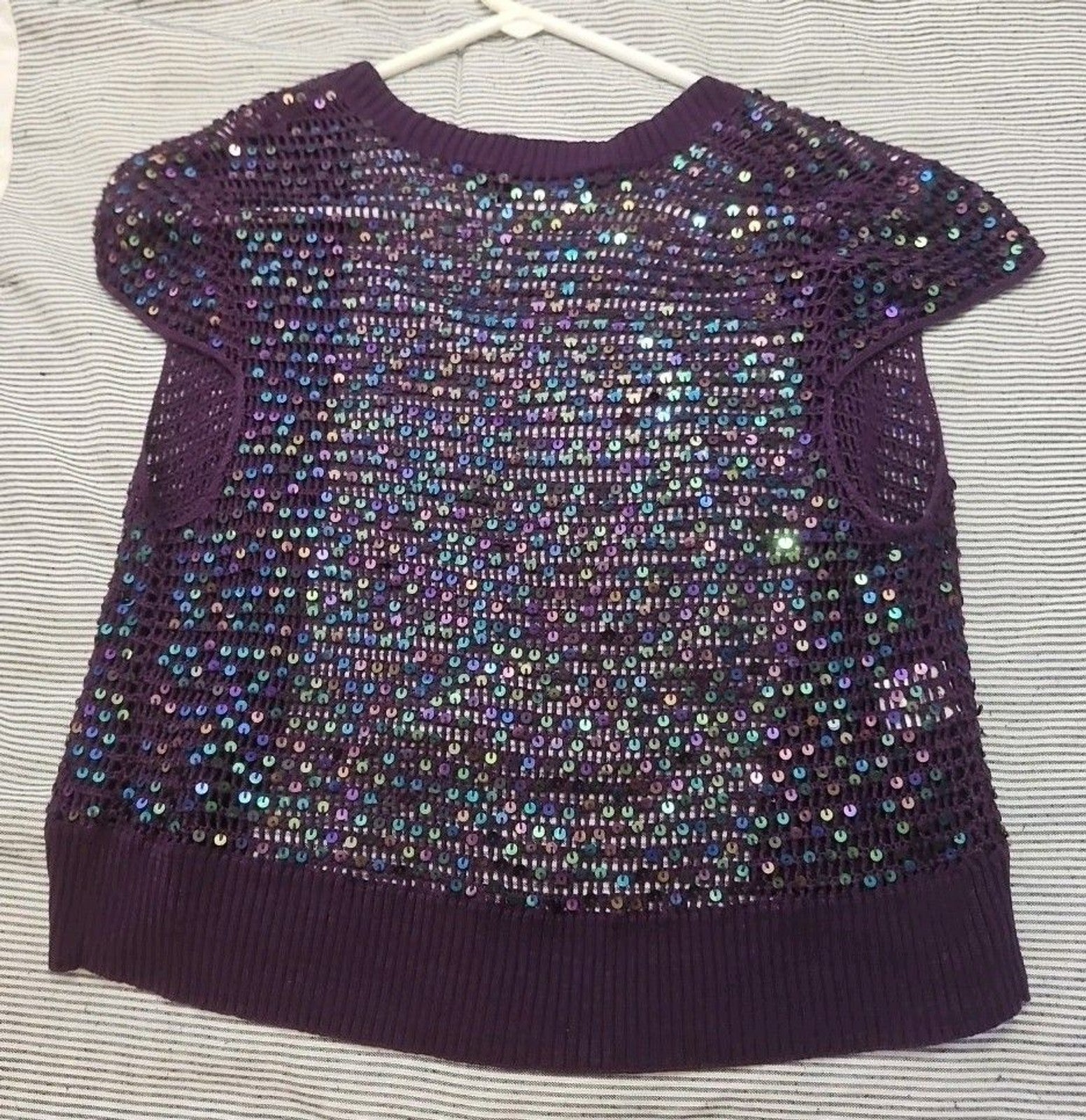 BCBGMAXAZRIA Women's 100% Silk Purple Knit Shrug With Blue Sequins Size M