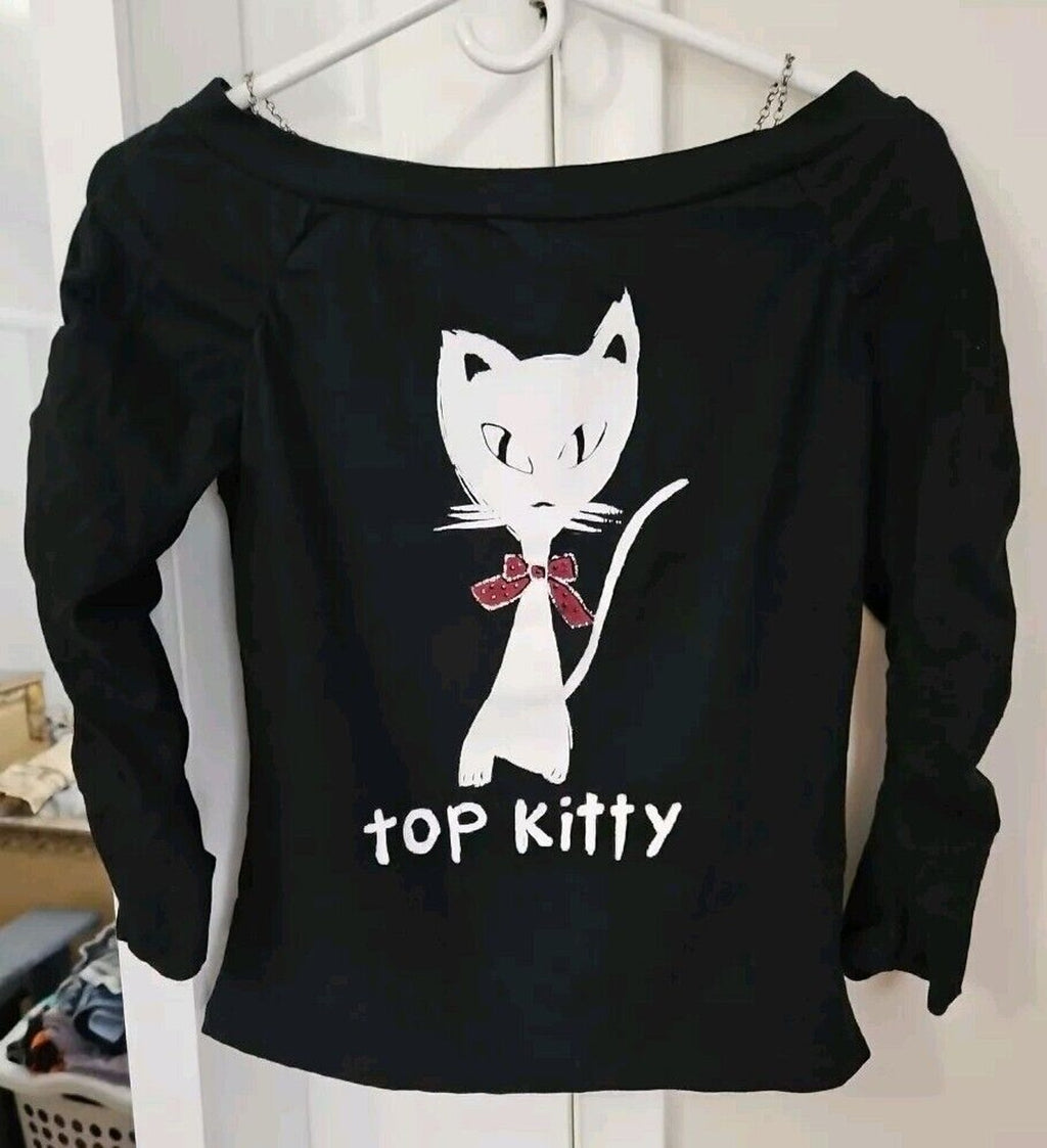 K Scion Goth Look Off Shoulder Rouched Sleeves Chain Detail Top Kitty Cat Sz M