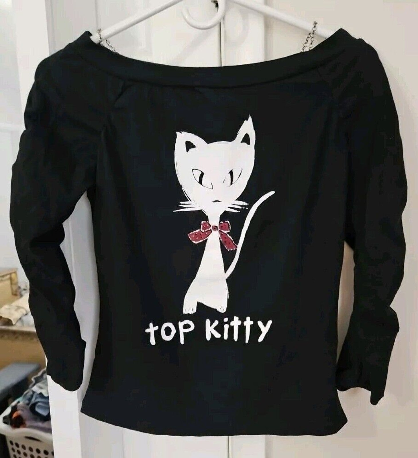 K Scion Goth Look Off Shoulder Rouched Sleeves Chain Detail Top Kitty Cat Sz M