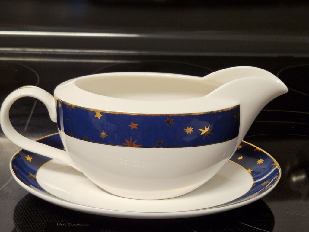 Galaxy By Sakura Gravy Boat & Saucer Celestial Blue Gold Stars Porcelain