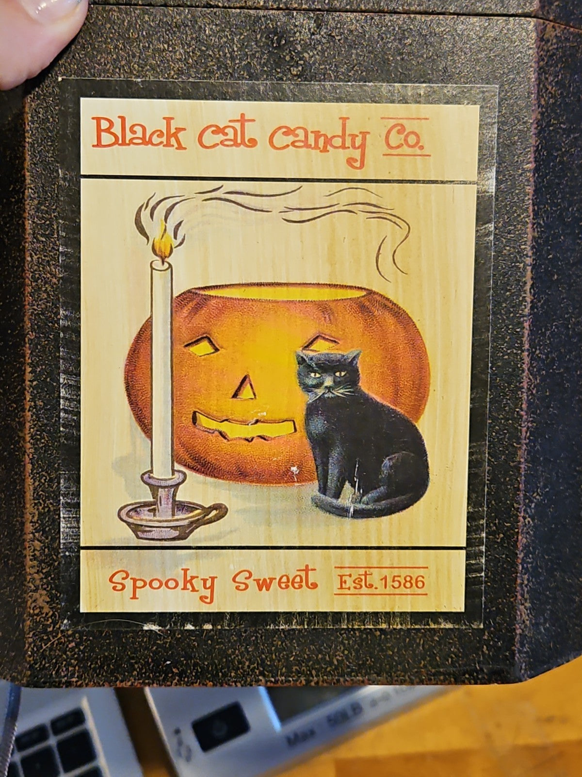 Dandee Halloween Decor Black Wooden Lidded Box Black Cat Candy Co 7.5" EUC