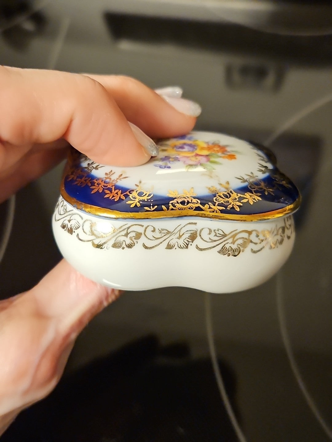 Hand Painted Porcelain Cobalt Blue German Floral Trinket Box Gold Detail