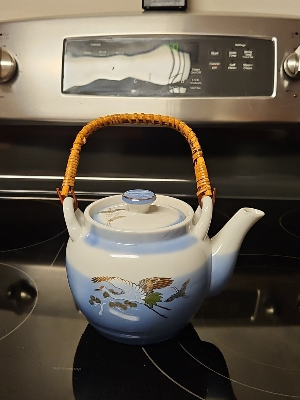 Vintage Blue Porcelain Tea Pot with Straw Handle Japanese Cranes Gold Accent EUC