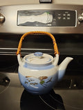 Vintage Blue Porcelain Tea Pot with Straw Handle Japanese Cranes Gold Accent EUC