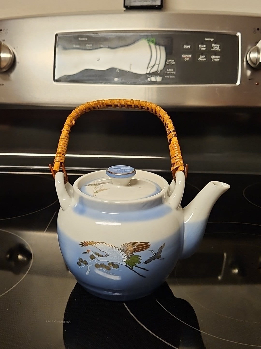 Vintage Blue Porcelain Tea Pot with Straw Handle Japanese Cranes Gold Accent EUC