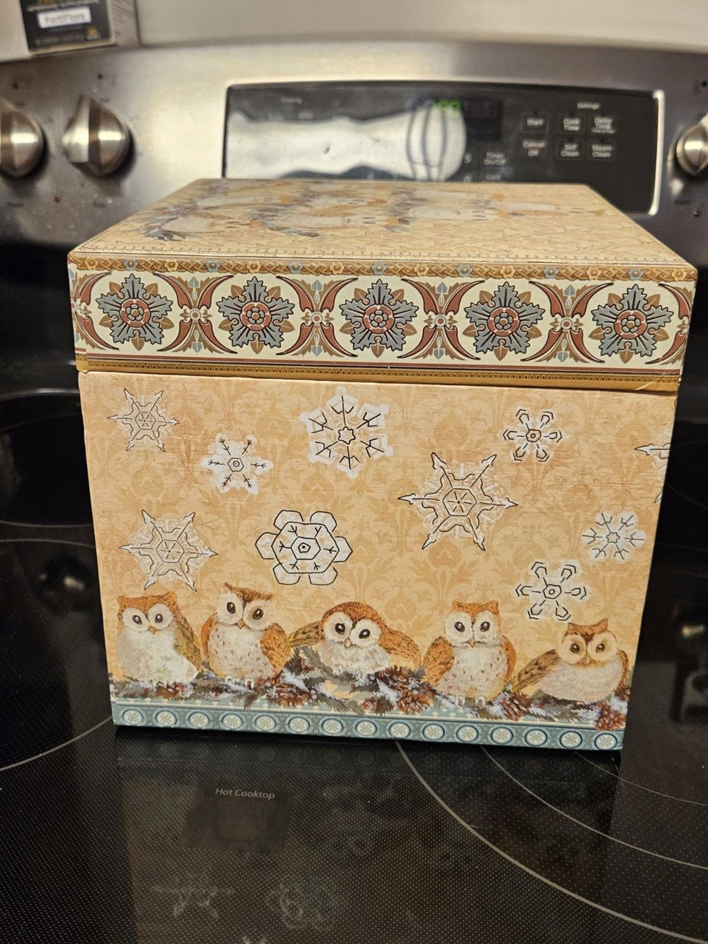 Elegant Storage Box Blue, Yellow, Silver Filigree Owl Print 9"x9"x5"