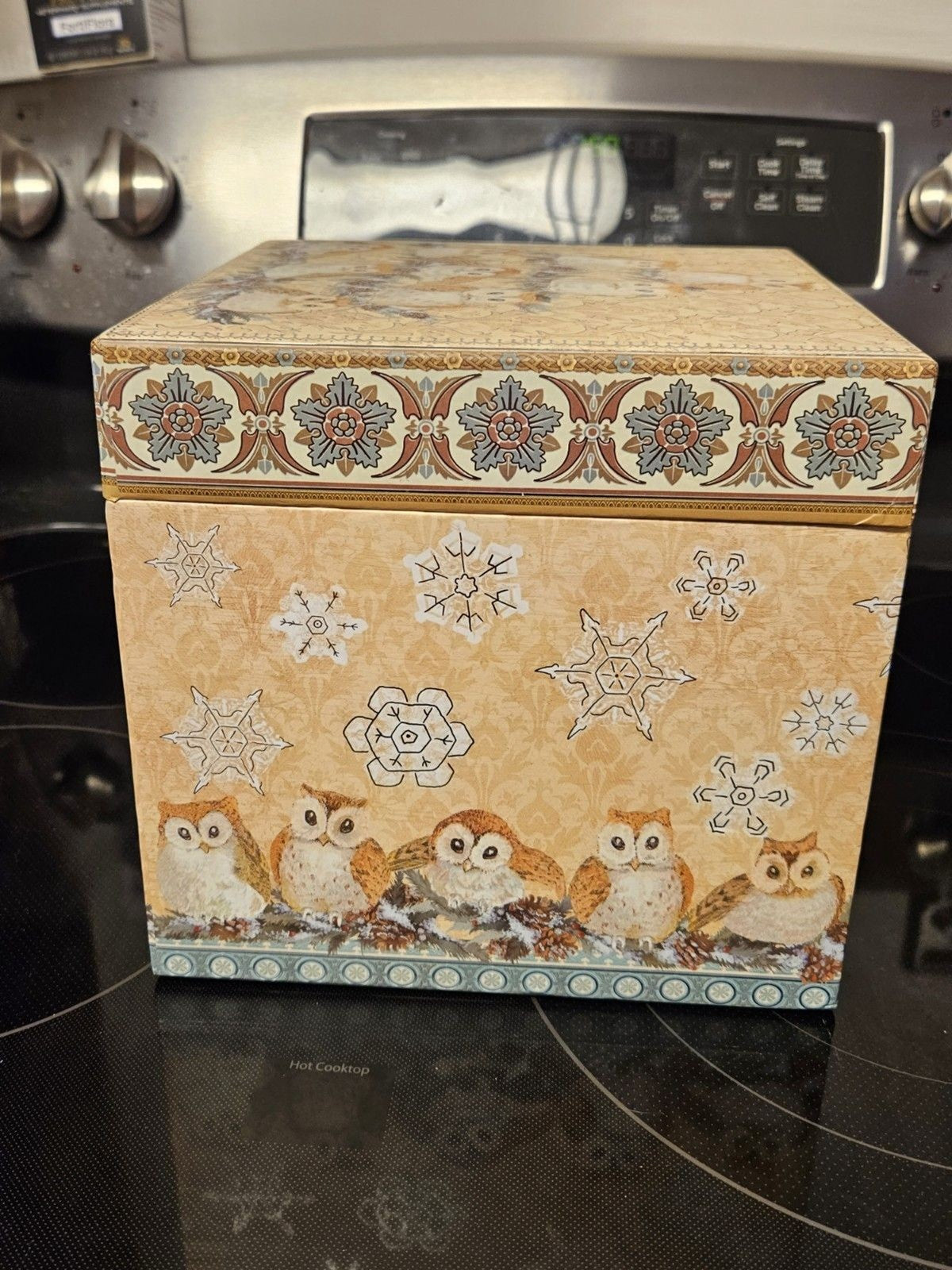 Elegant Storage Box Blue, Yellow, Silver Filigree Owl Print 9"x9"x5"