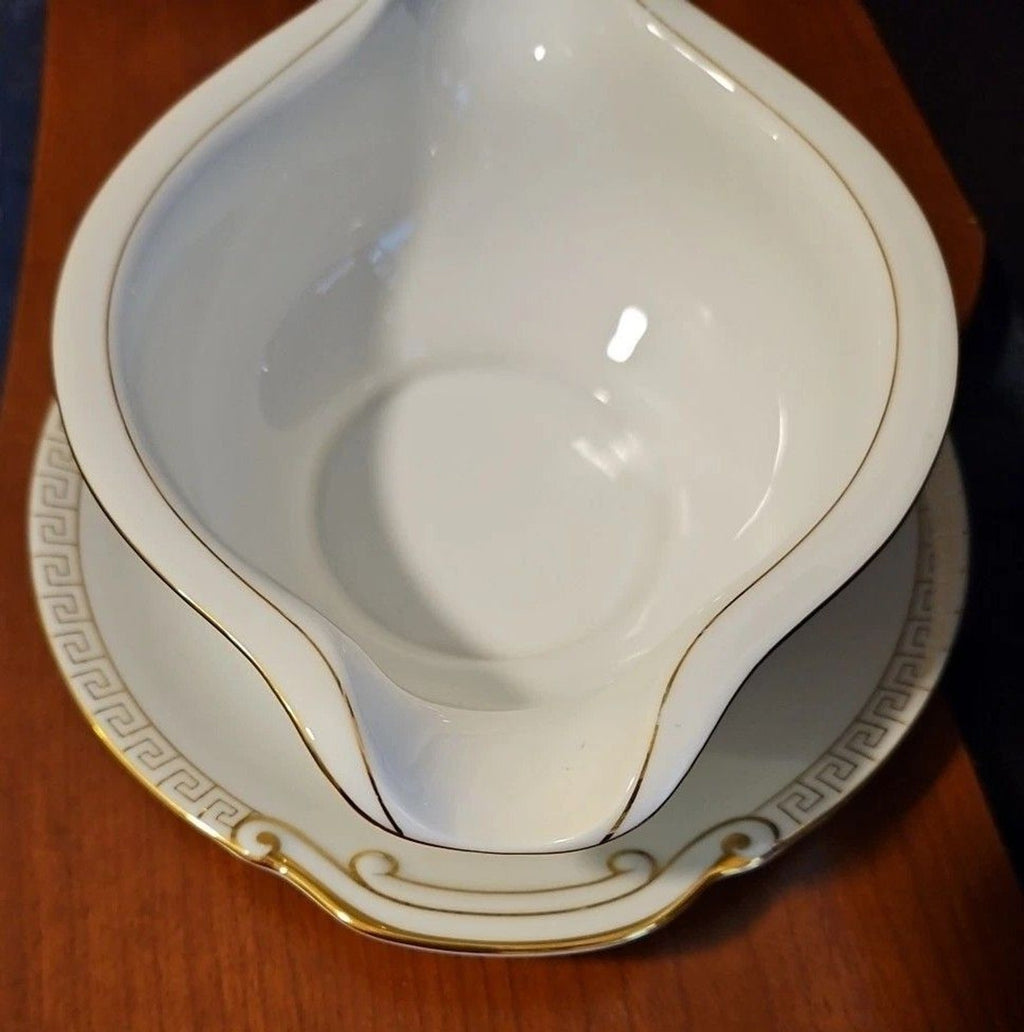 Sone China Gravy Boat with Attached Underplate #1879 Golden Greek Key Pattern