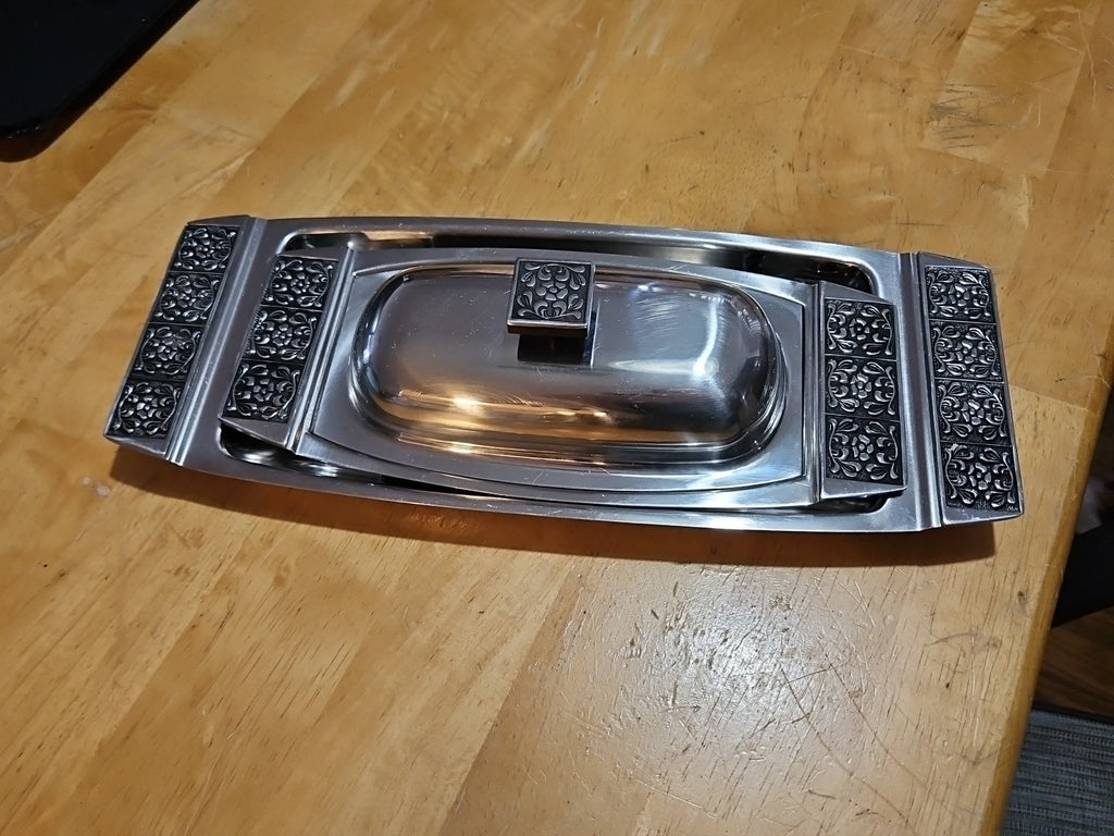 Stanley Roberts Velvet Pattern Stainless Steel Butter Dish & Condiment Platter