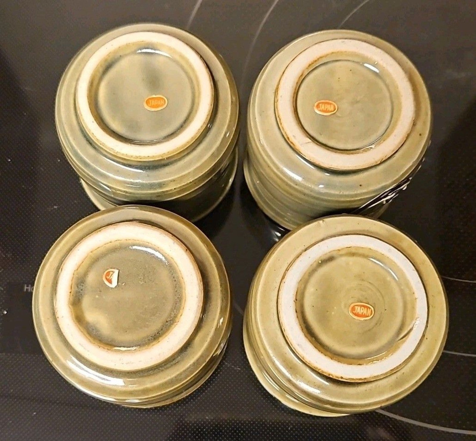 Set Of 4 Glazed Stoneware Japanese Lettered Sake or Tea Cups