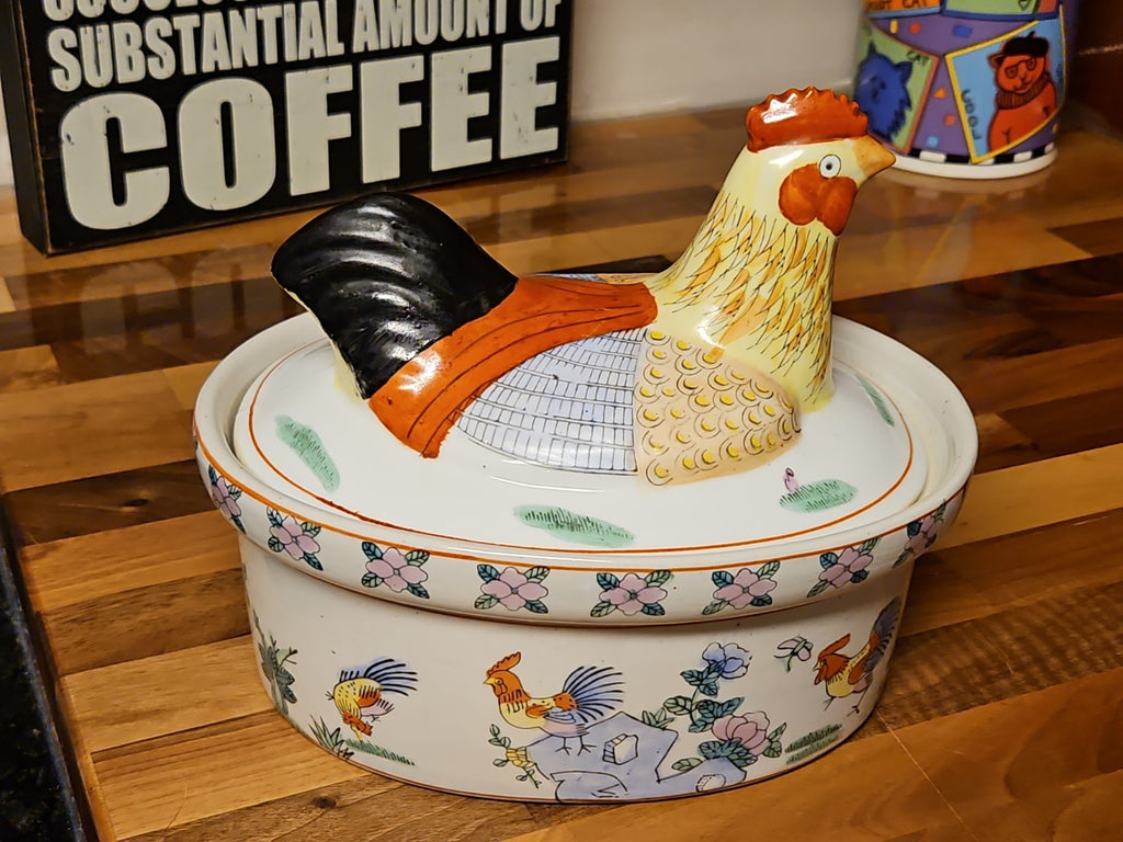 Vintage Chinese Famille Rose  Rooster Ceramic Tureen with Lid