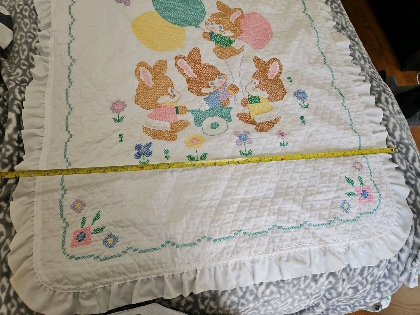 Handmade Baby Blanket Embroidered Cross Stitch Bunnies Ruffled Edge 42" X 33"