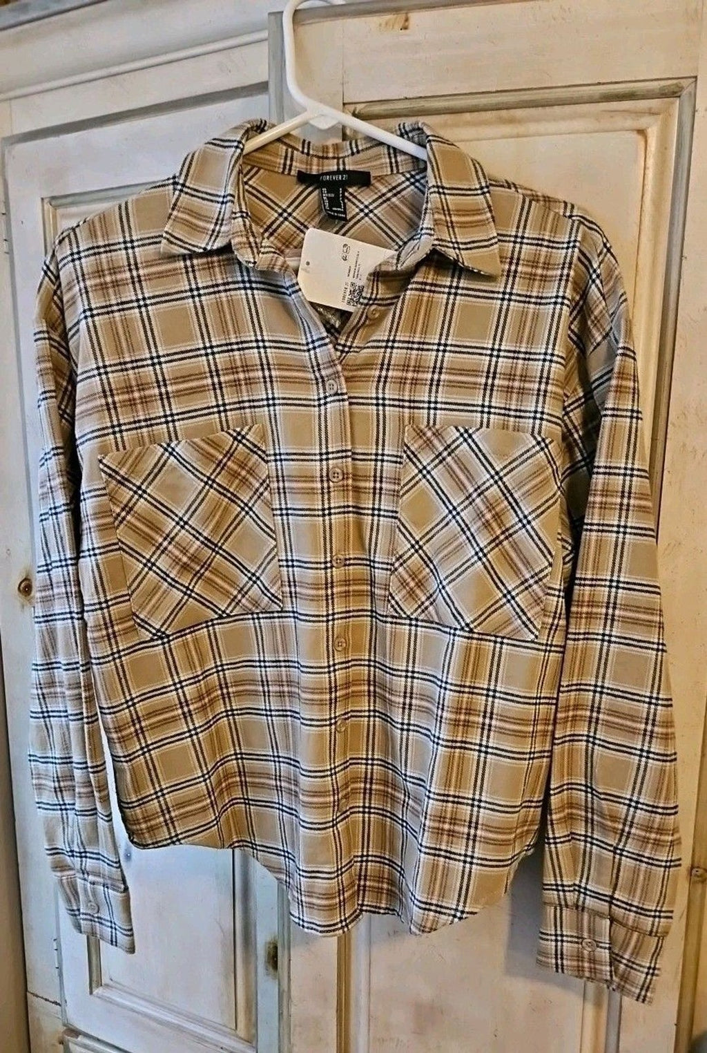 Forever 21 Plaid Taupe & Brown Button Down Shirt Sz S NWT