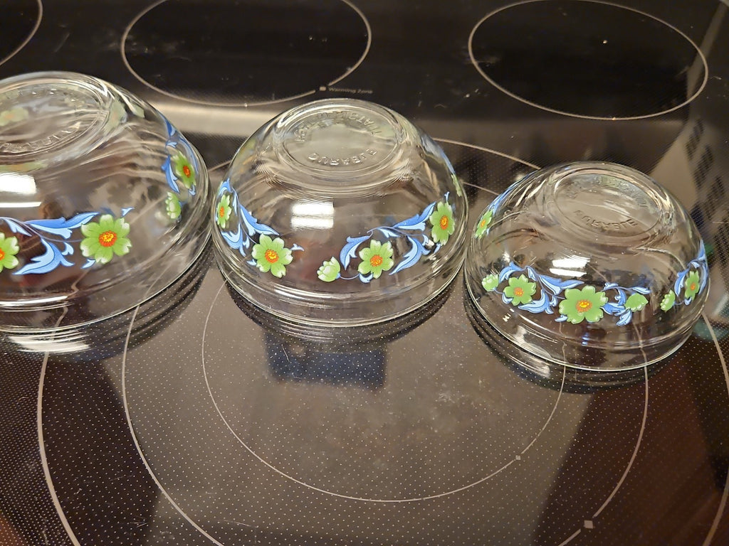 Set Of 4 Imperial Glass Green Sunflower Blue Leaves Nesting Bowls EUC