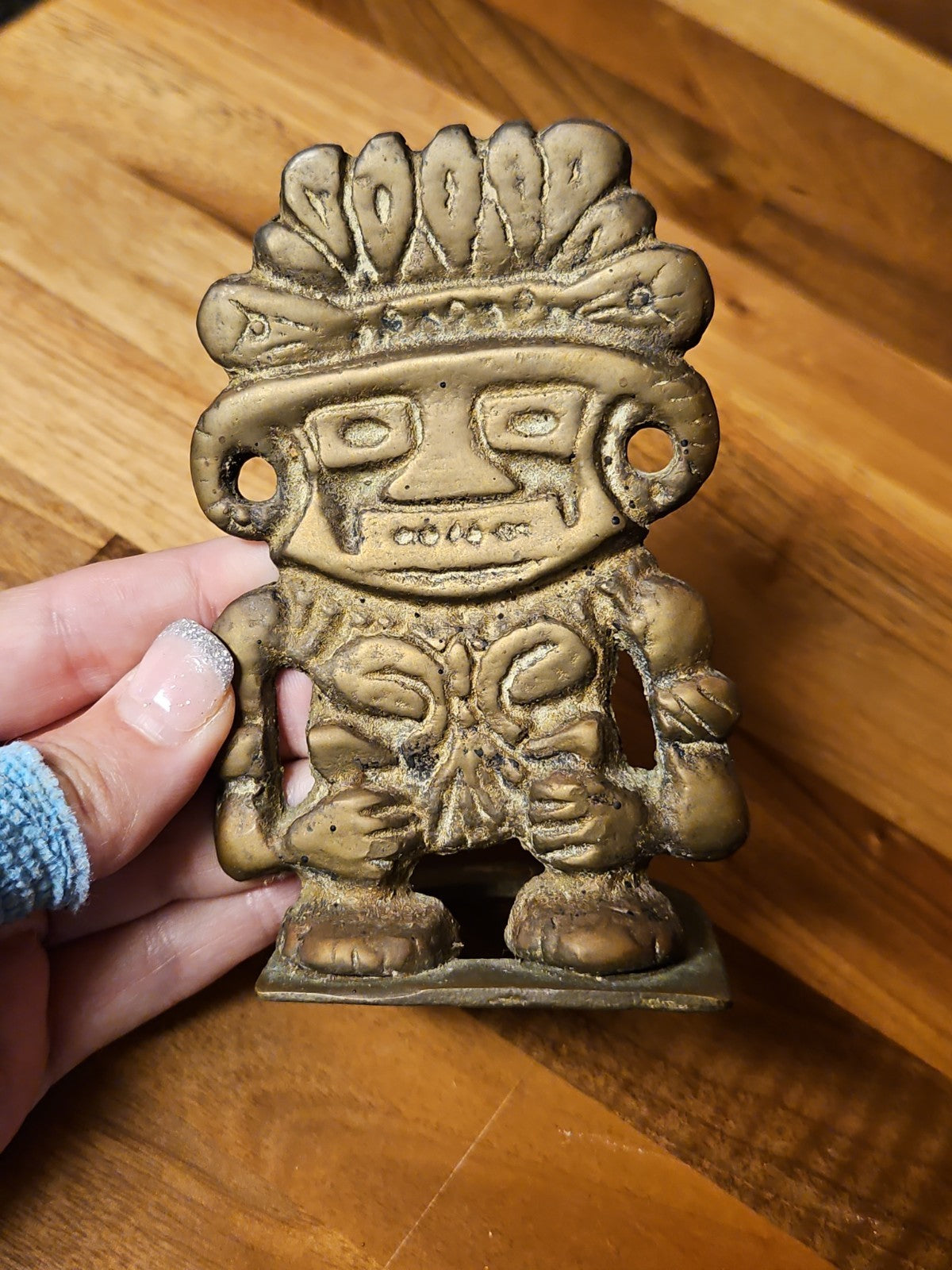Vintage MCM Mesoamerican Mayan Deity Aztec Warrior Style Brass Bookends