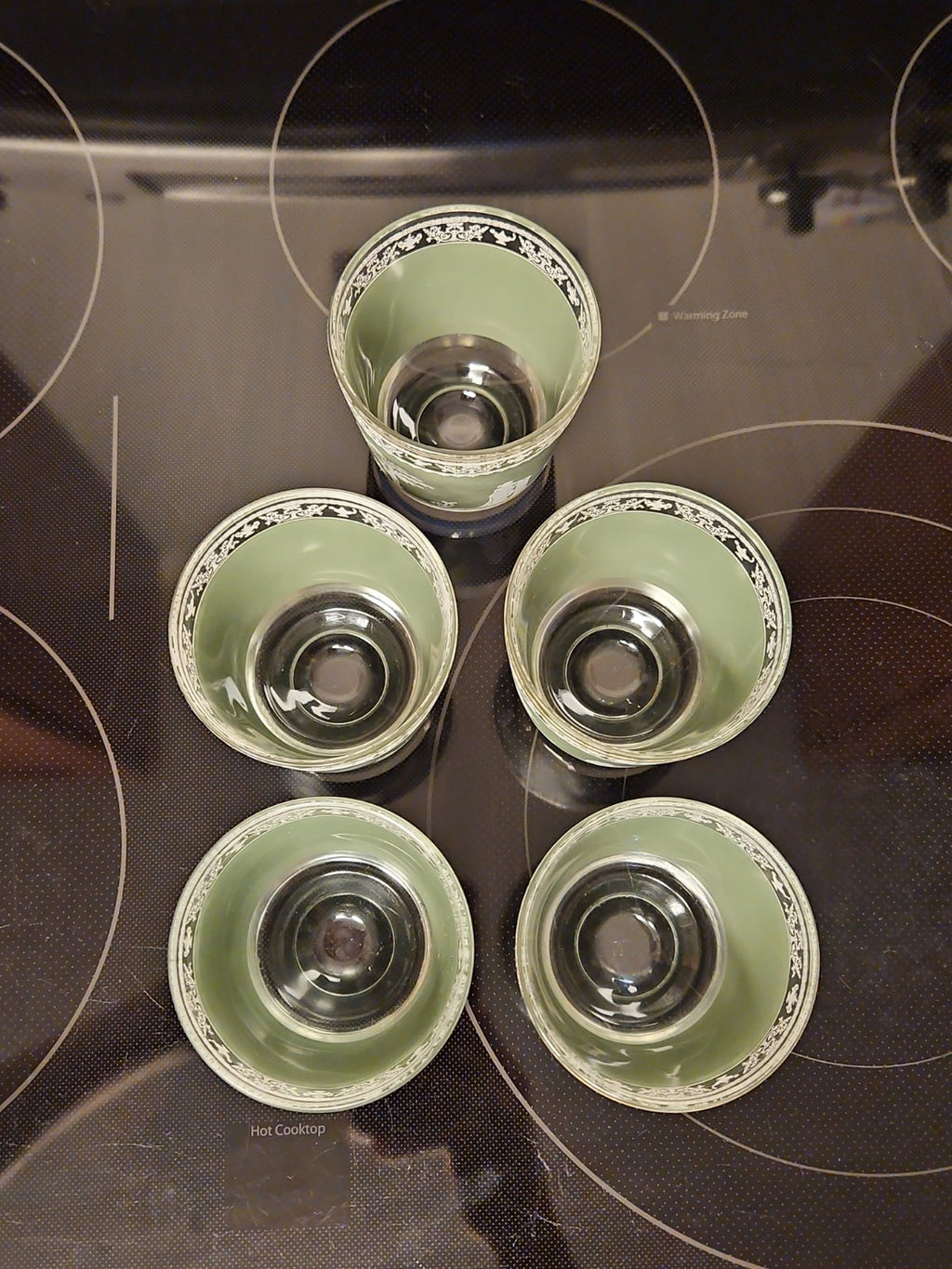 Vintage MCM Jeannette Glass Hellenic Green Grecian Serving Bowl With 5 Tumblers