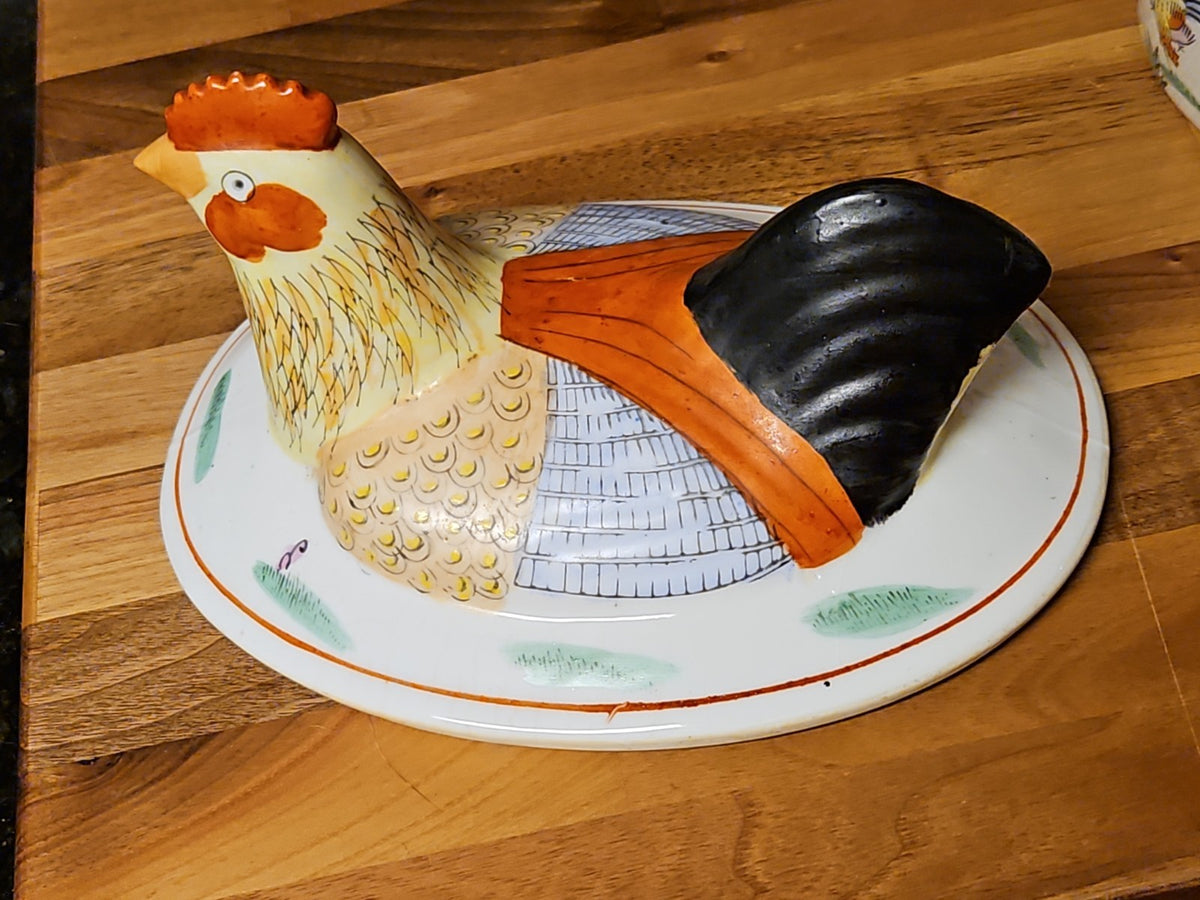 Vintage Chinese Famille Rose  Rooster Ceramic Tureen with Lid