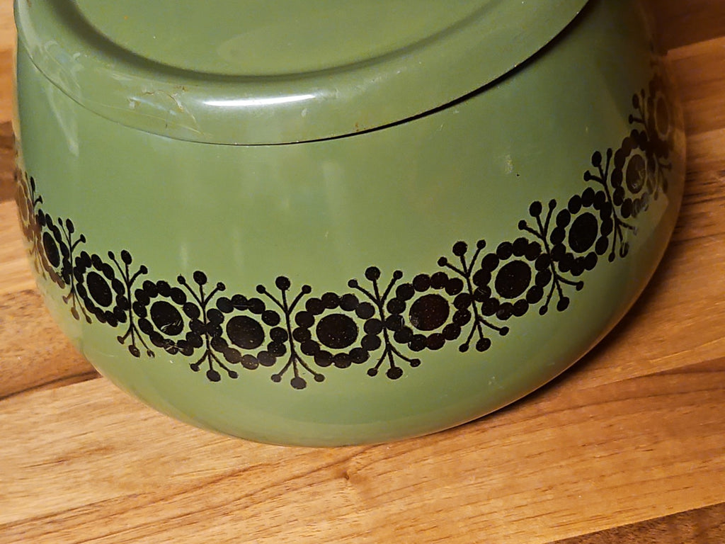 Vintage Green Enamel Fondue Pot Saucepan Floral MCM Boho Wood Handle 1970s