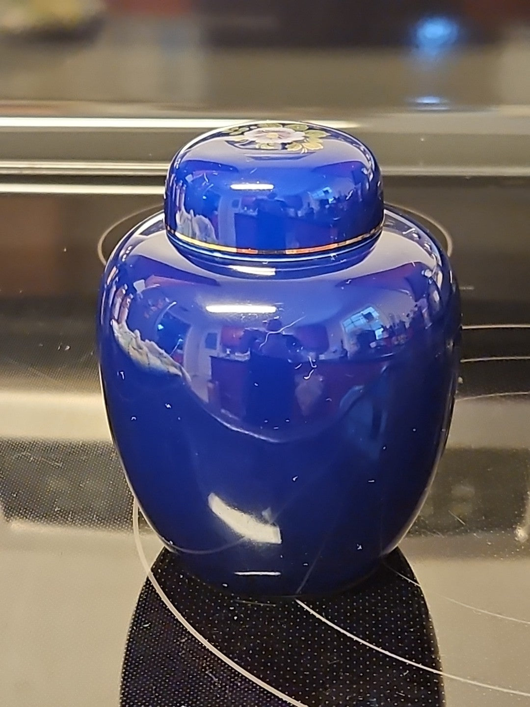 Vintage Kutani Style Cobalt Blue Ginger Jar Gold Trimmed Birds In Garden 5"