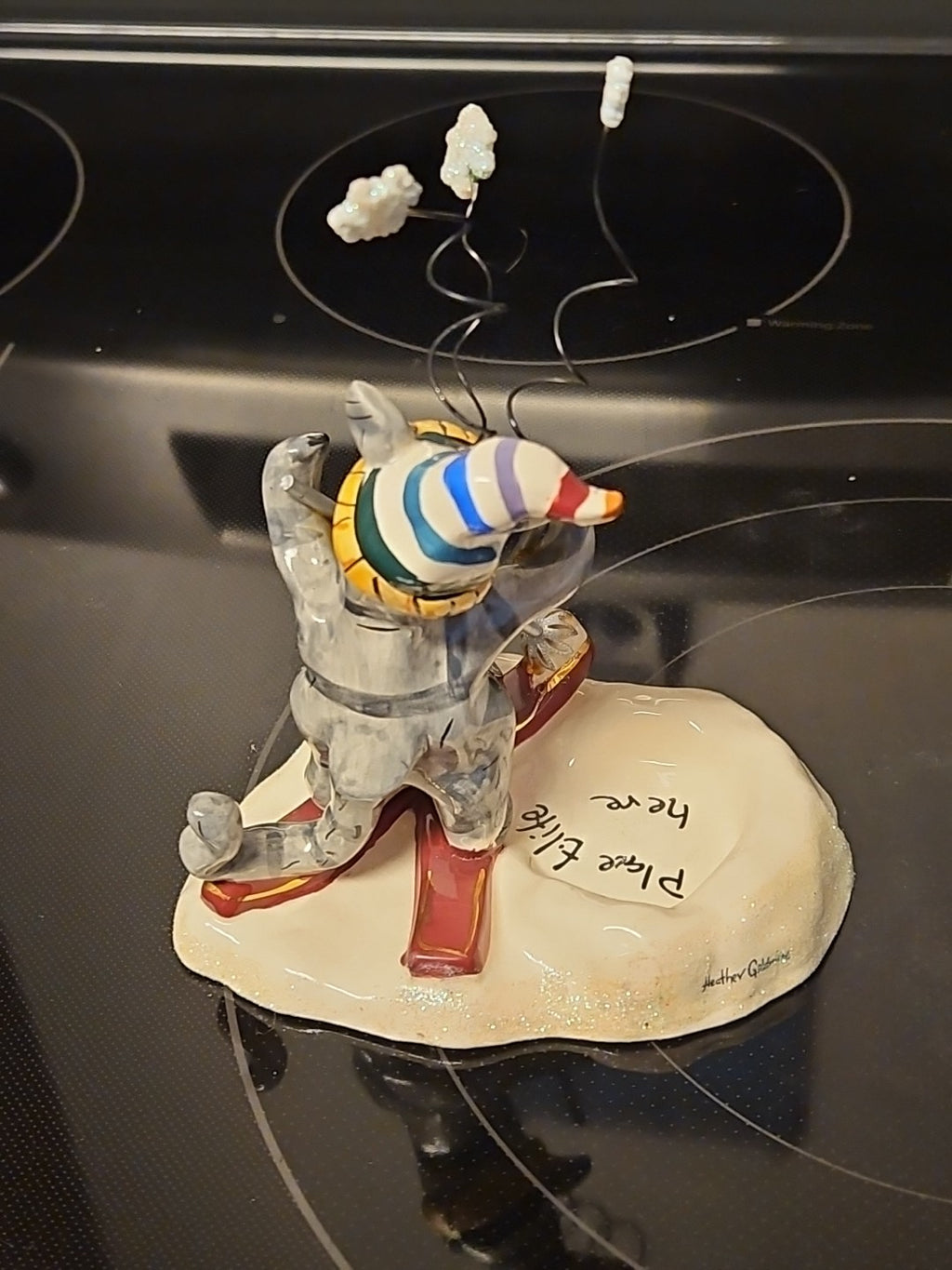 2004 Blue Sky Clayworks Christmas Cat Skiing Tea Light Holder Heather Goldminc