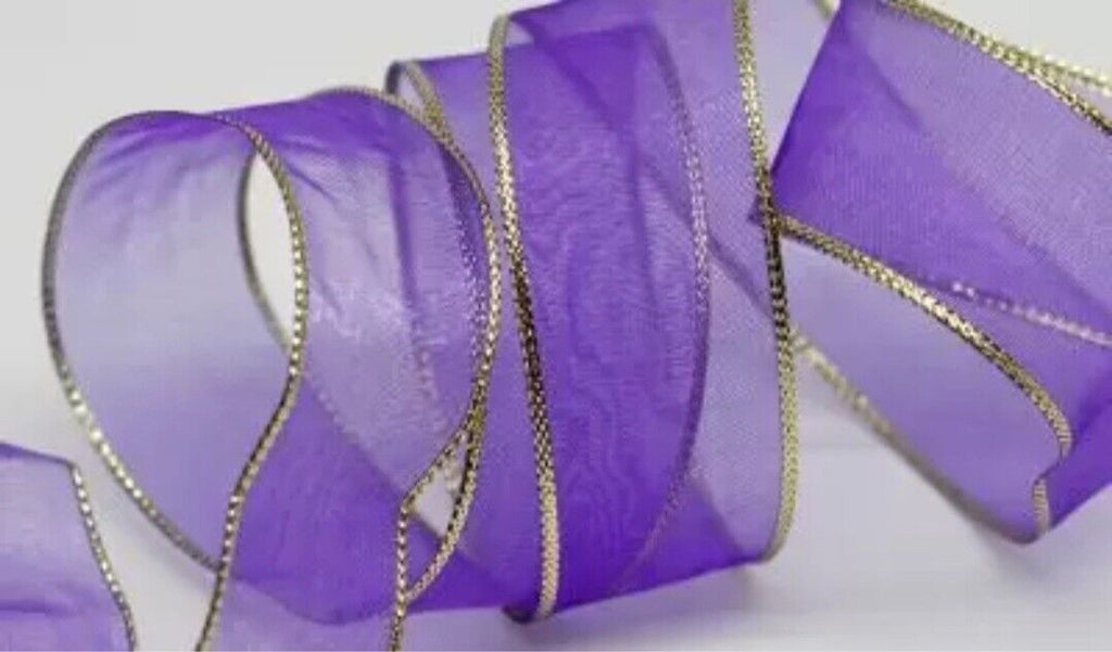 P112B 38 Sheer Purple Chiffon Wired Ribbon W Gold Metallic Edge, 1.5 in, 25-yard