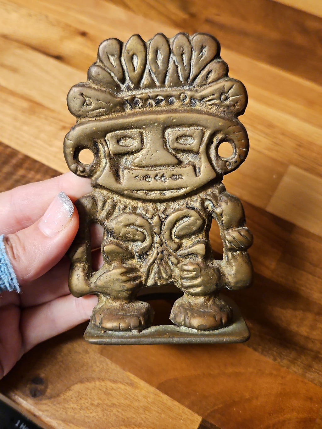Vintage MCM Mesoamerican Mayan Deity Aztec Warrior Style Brass Bookends