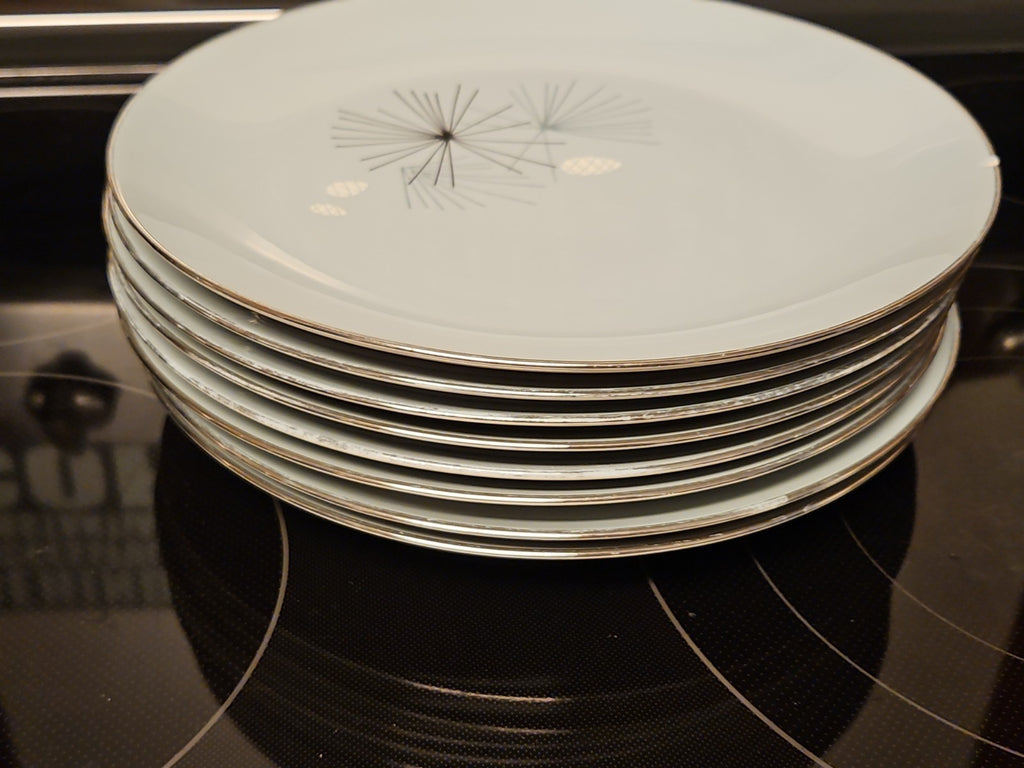 Set Of 8 Vintage MCM Franciscan Silver Pine Dinner Plates 10.5" Platinum Rim