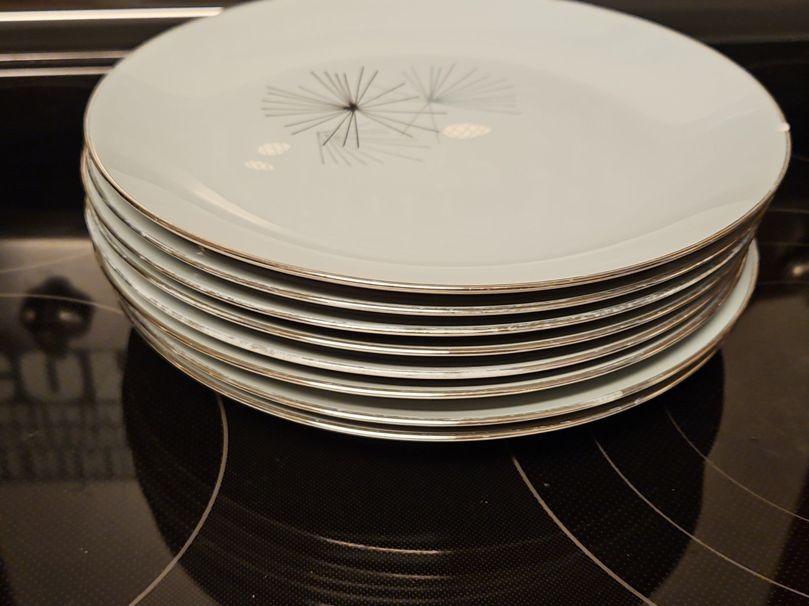 Set Of 8 Vintage MCM Franciscan Silver Pine Dinner Plates 10.5" Platinum Rim