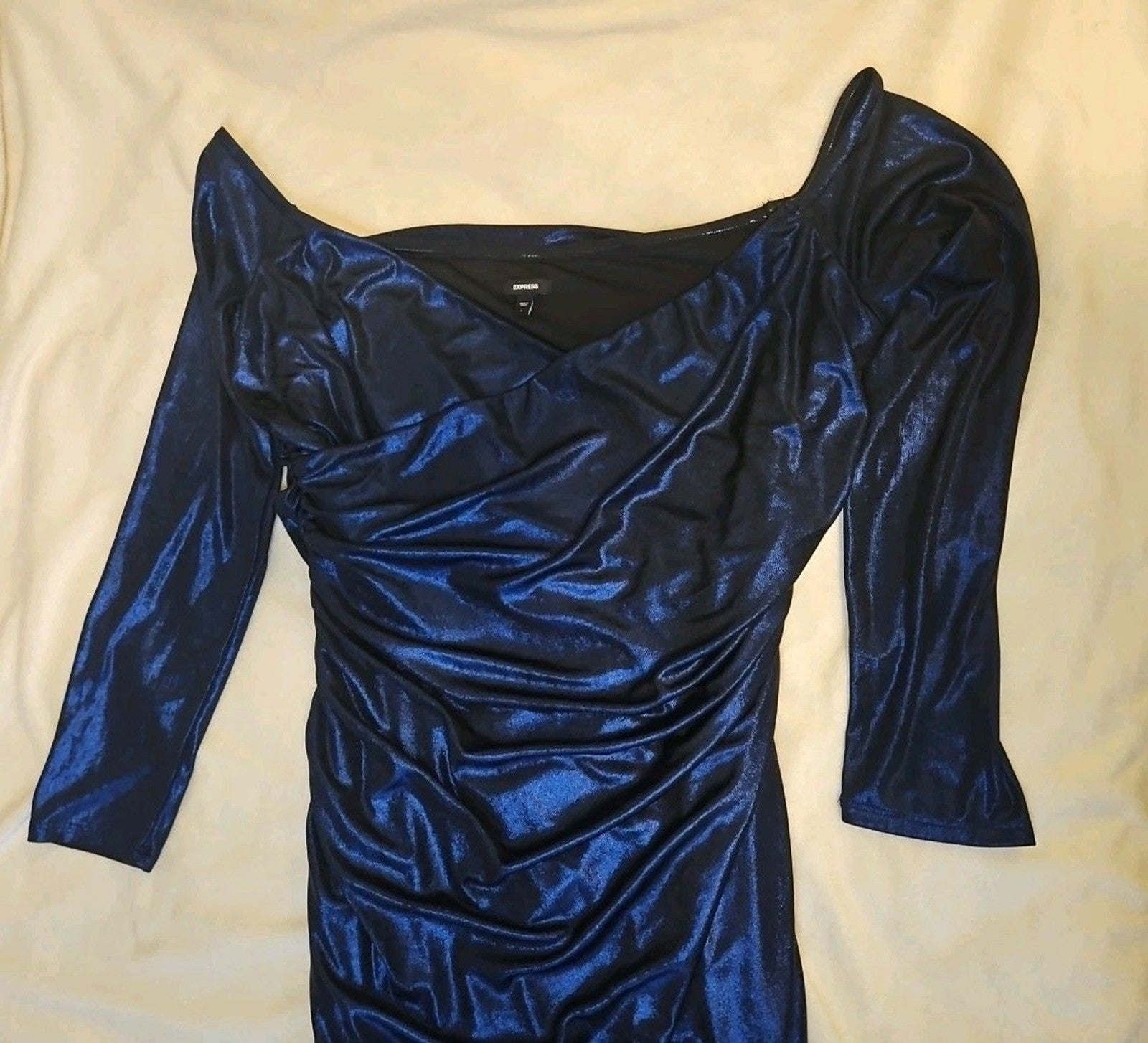 Express Women's Metallic Blue Dress Sz L Criss Cross Neckline Rouched Skirt