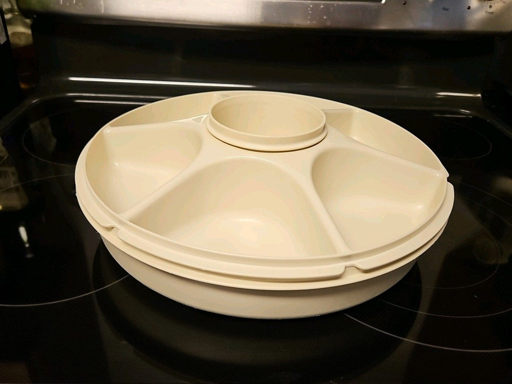 Tupperware Divided Serving Tray 1665-3 Almond With Lid 1666-3 & Dip Bowl 3 pc set