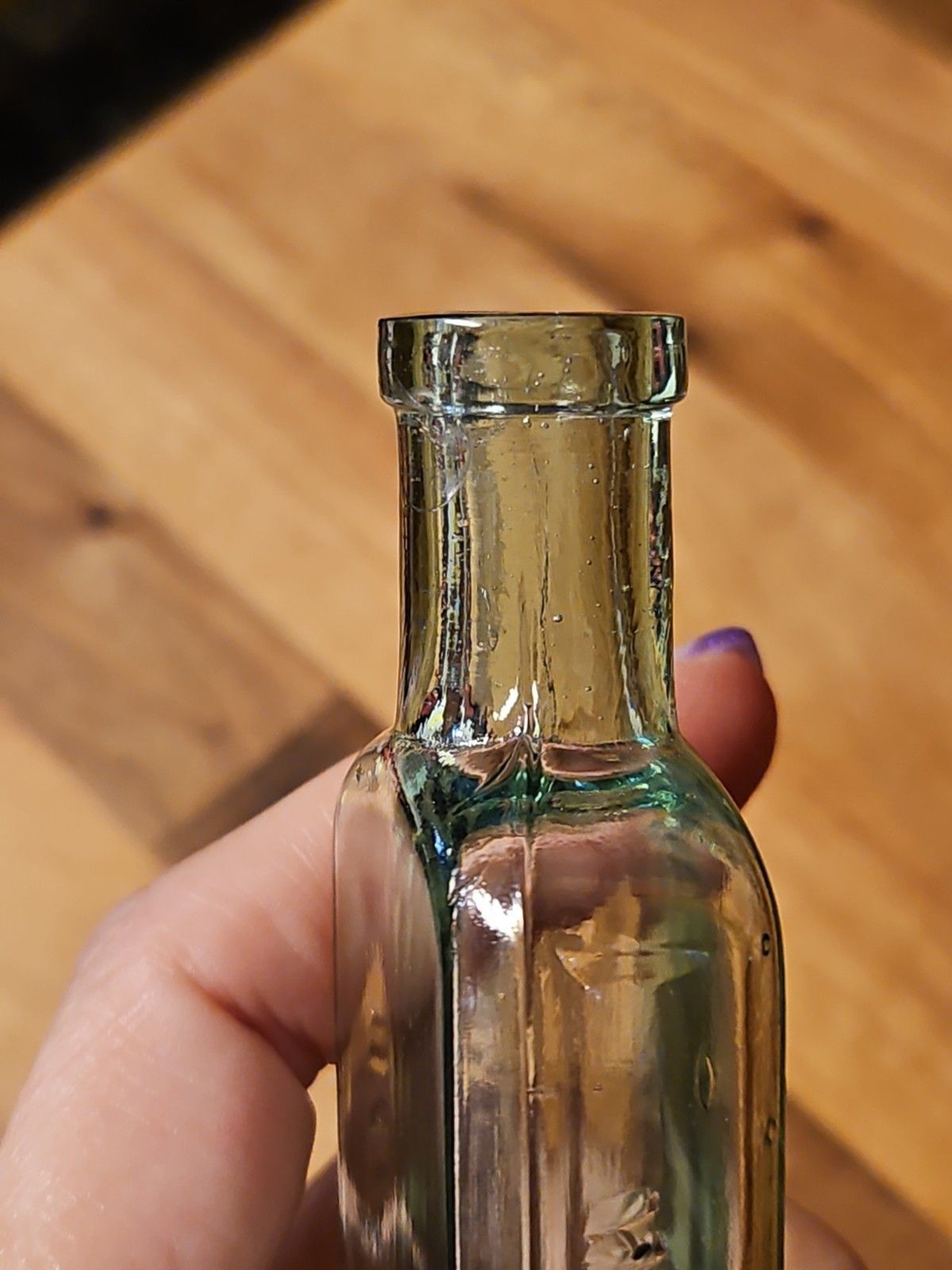 Antique 1890's Clear Blown Glass Home Oil Bottle Green Tint Sample Size 4.25"