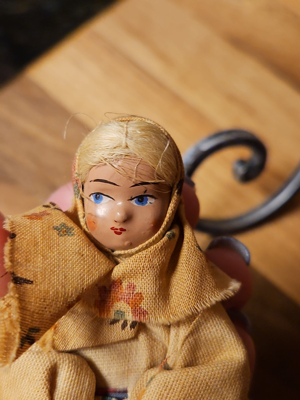 Vintage 1940s Polish Rag Doll Painted Face Russian Babushka Folk Art 4.25"