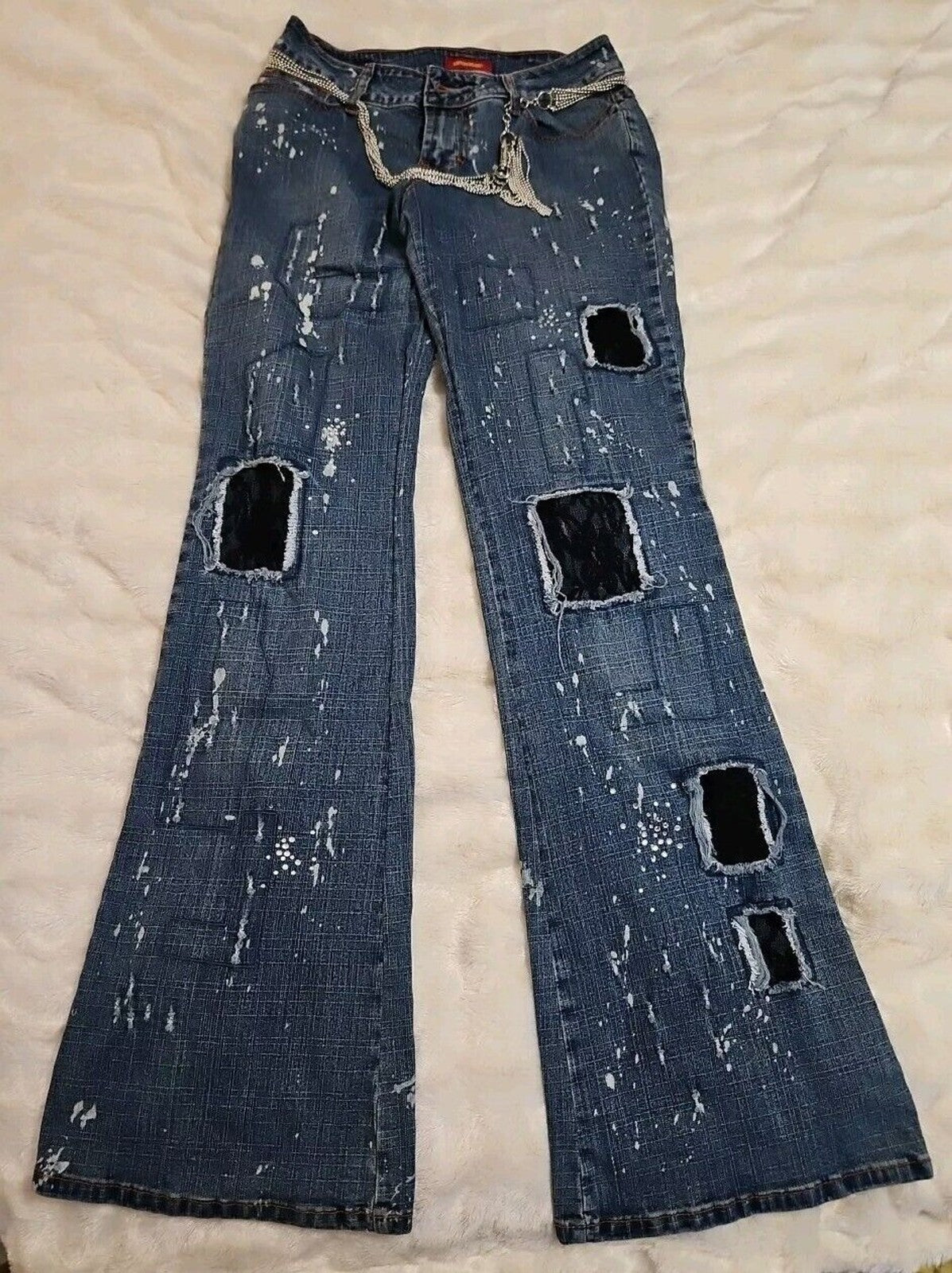 Blue Asphalt Women's Vintage Y2k Jeans Size 3 Paint / Black Lace / Chain Detail